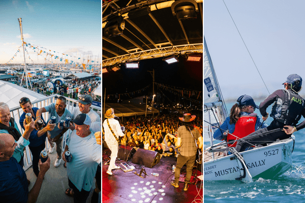 A collage of three pictures. The first a group od men cheering on a balcony above a twilight festival. The second a night shot of a band playing a festival to a crowd. The third two young sailors on an international cadet boat competing.