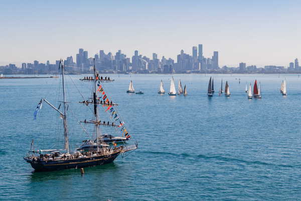 The STST Young Endeavour on the start line of the Melbourne to Geelong Passage Race at Festival of Sails. 