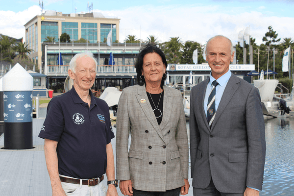RGYC Vice Commodore Phil Francis, Member for Geelong Christine Couzens MP, and Geelong Mayor Stretch Kontelj OAM stand out the front of Royal Geelong Yacht Club to announce their commitment to Festival of Sails 2027.